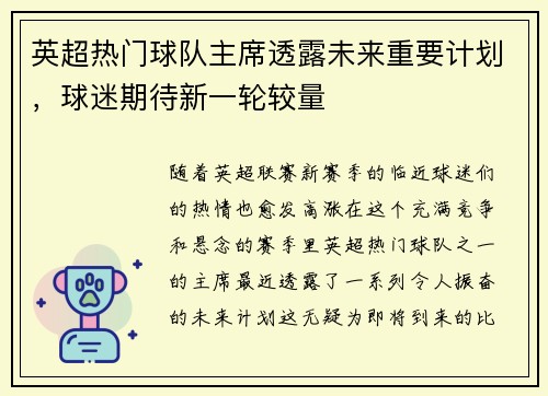 英超热门球队主席透露未来重要计划，球迷期待新一轮较量